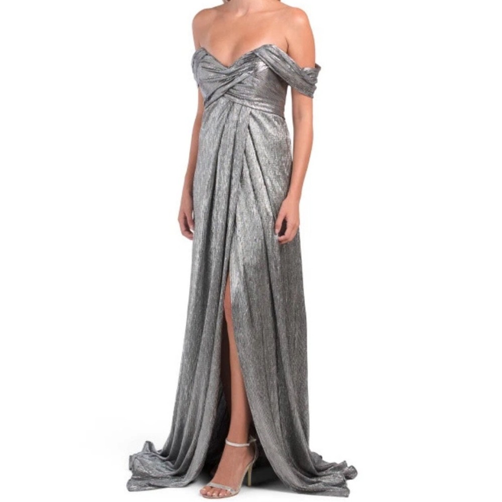 RENE RUIZ COLLECTION Silver Metallic Off-Shoulder Draped Formal Occasion Dress 6